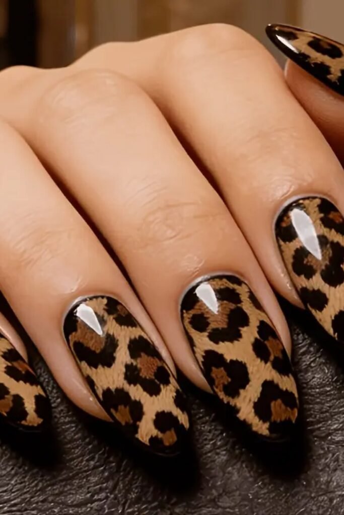 4. Furry Textured Leopard Almond Nails