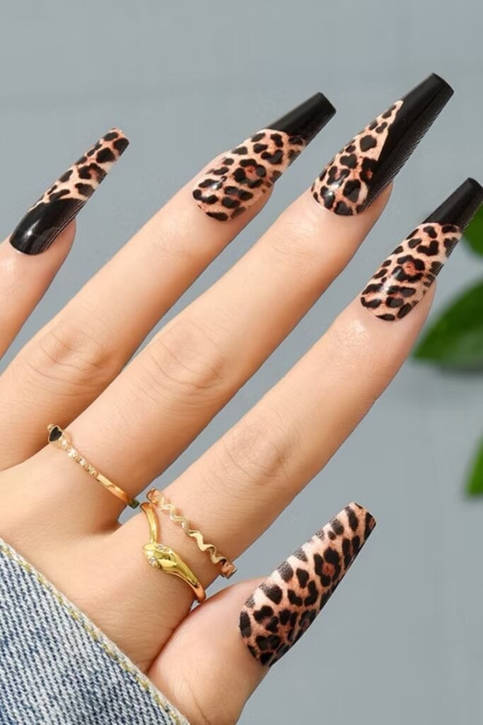 7. Black Tip Leopard Coffin Nails