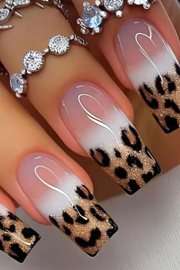 8. Pink White Ombre with Glitter Leopard Tips