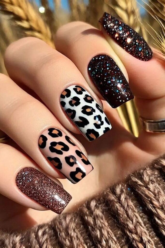 9. Mixed Glitter and Leopard Square Nails