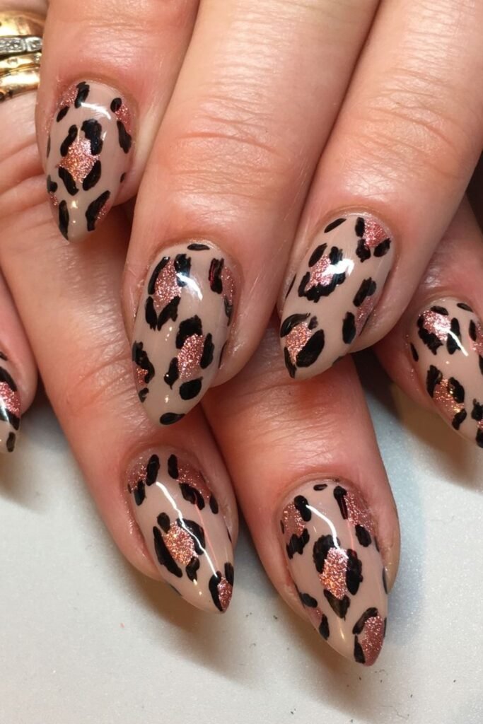 10. Rose Gold Glitter Leopard Almond Nails