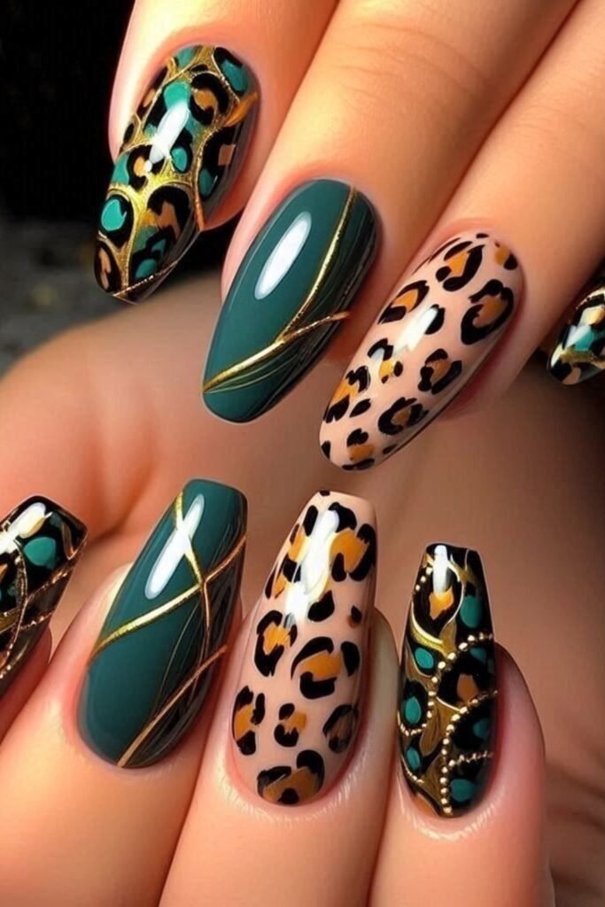 13. Emerald Green and Gold Leopard Nails