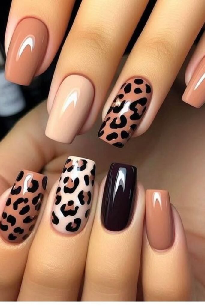 16. Caramel and Plum Leopard Square Nails