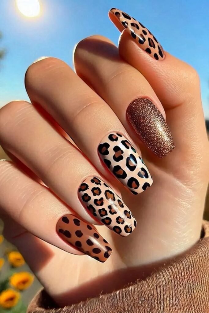 17. Leopard Dots and Bronze Glitter Coffin Nails