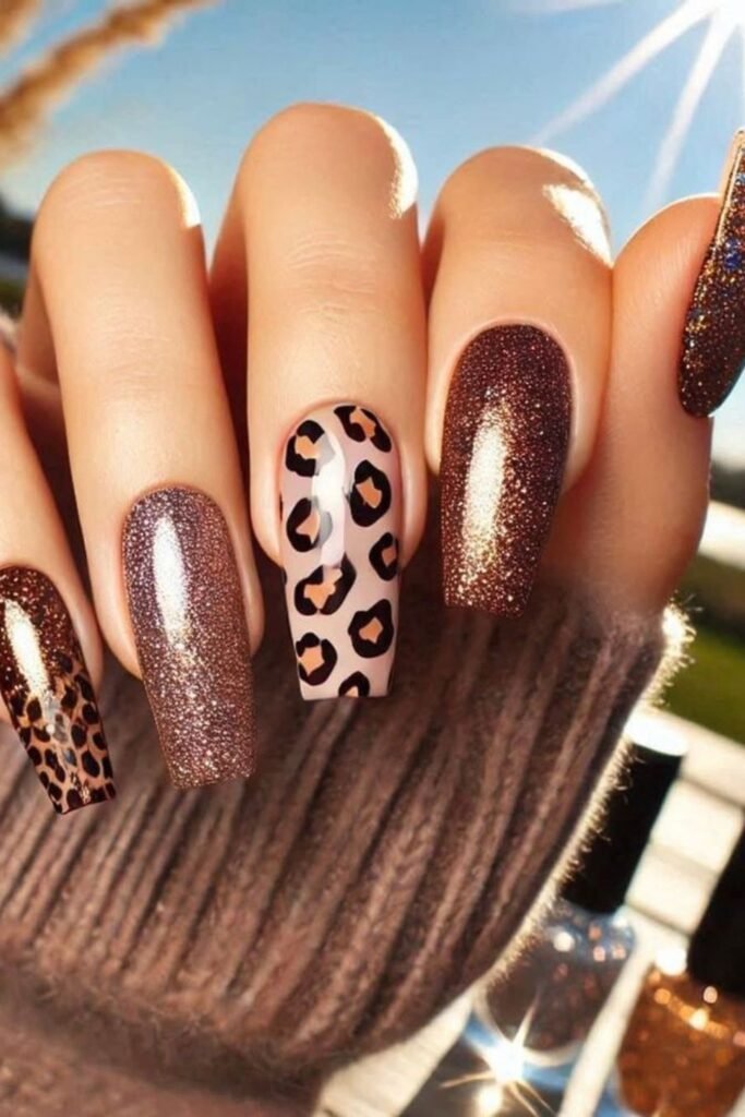 18. Brown Glitter and Leopard Coffin Nails