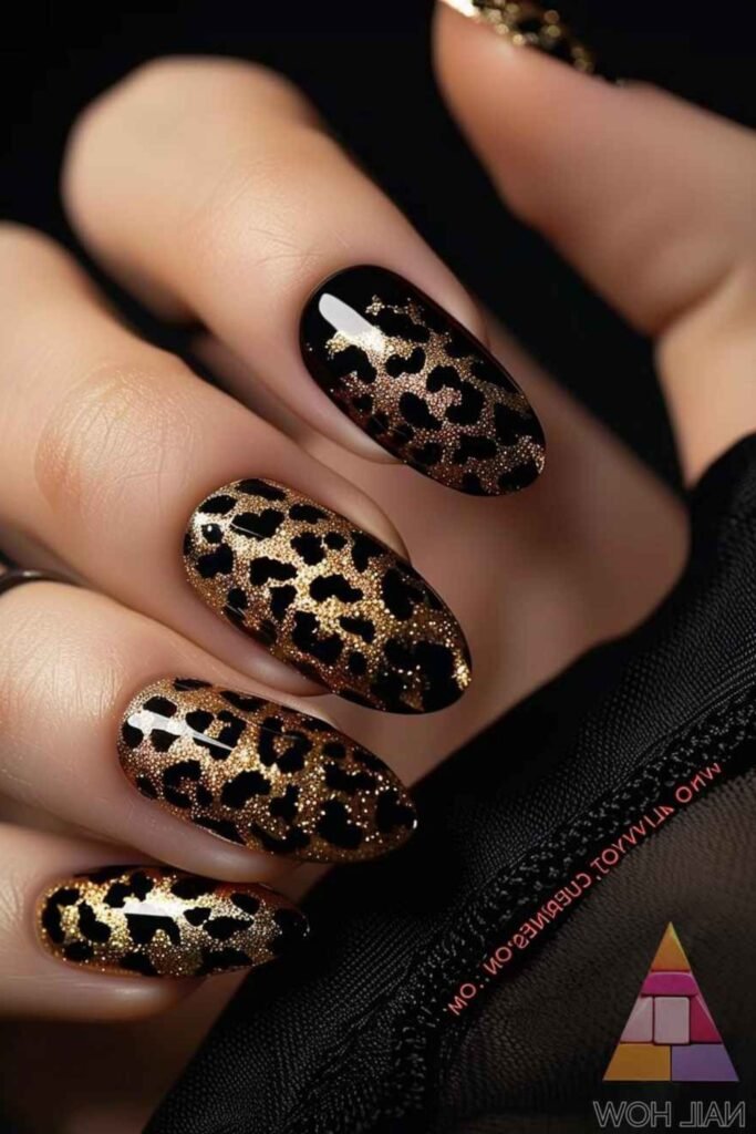 19. Gold Foil Leopard Oval Nails
