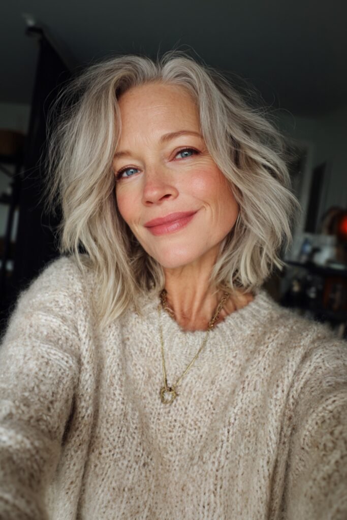 2. Silver Blonde Wavy Lob with a Center Part