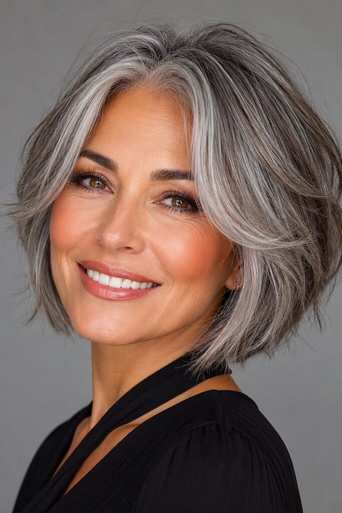 5. Voluminous Silver Bob with a Swept Side Part