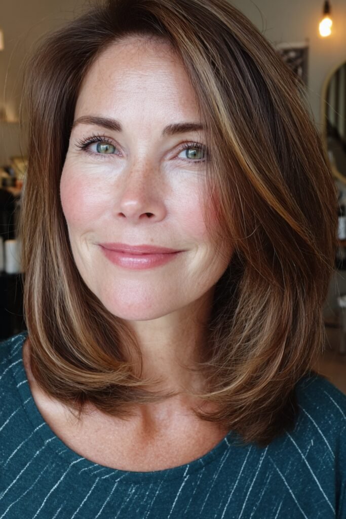 7. Smooth Chestnut Lob with Caramel Face Framing