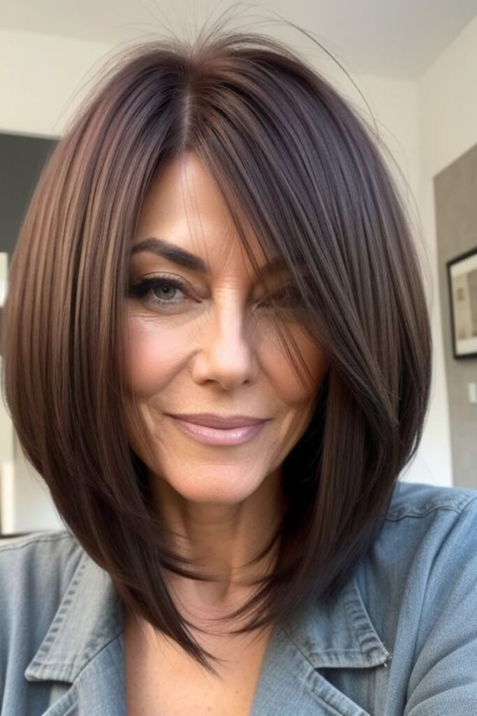8. Sleek Chocolate A-Line Bob with Long Bangs