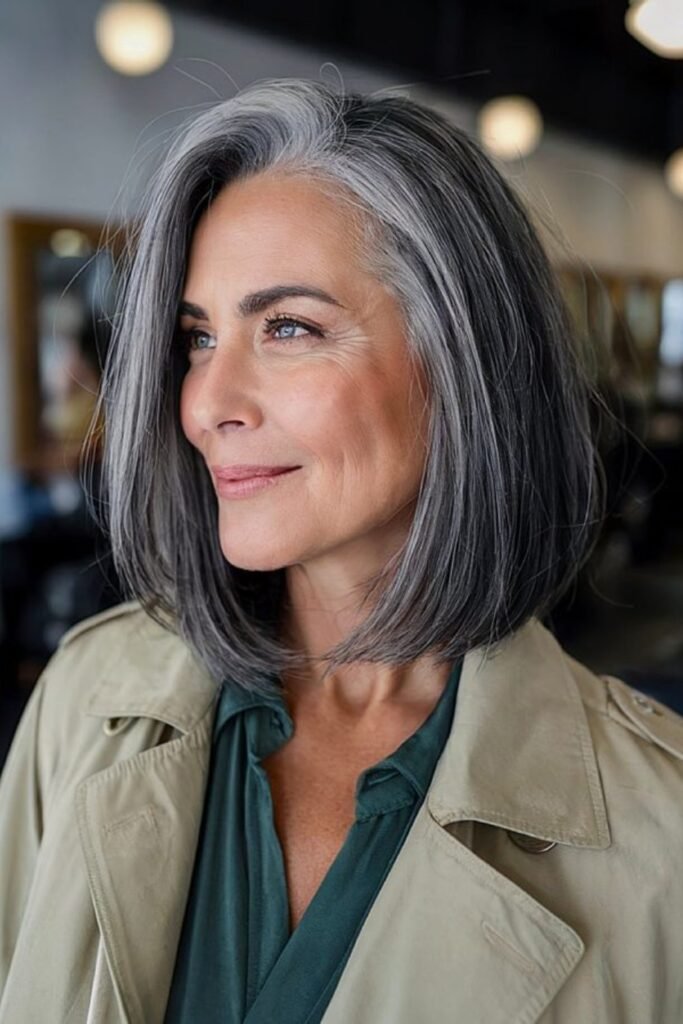 13. Salt and Pepper Sleek Angled Bob