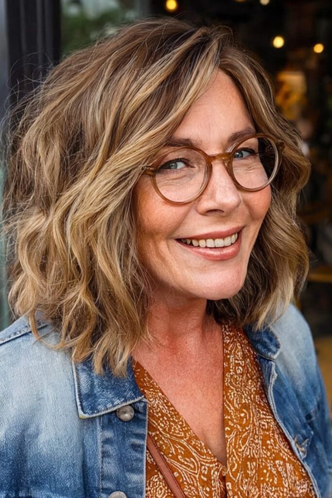 14. Honey Bronde Beach Waves Lob with Glasses