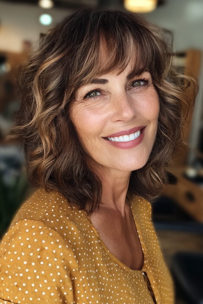 15. Curly Shag Lob with Caramel Highlights and Bangs