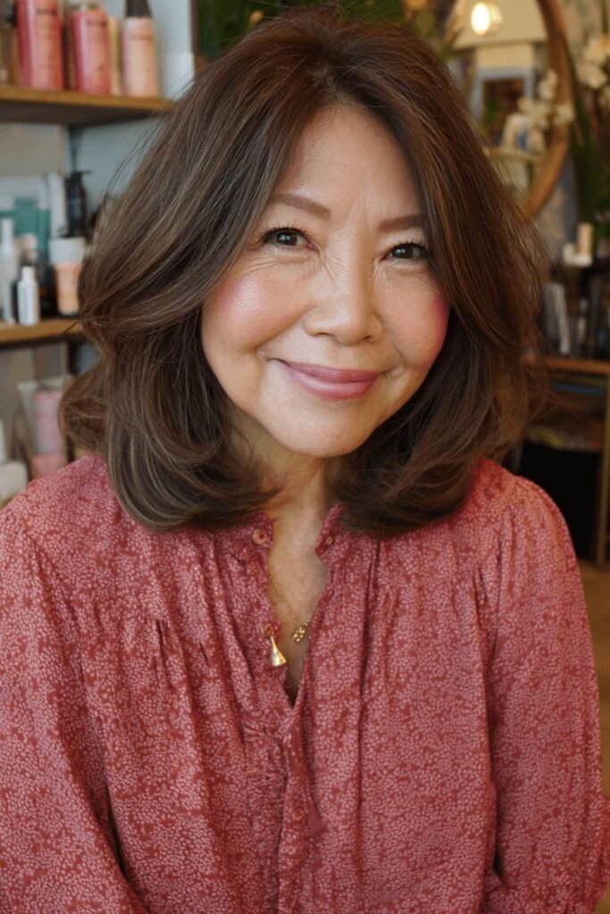18. Soft Feathered Chestnut Lob with Flicked Ends