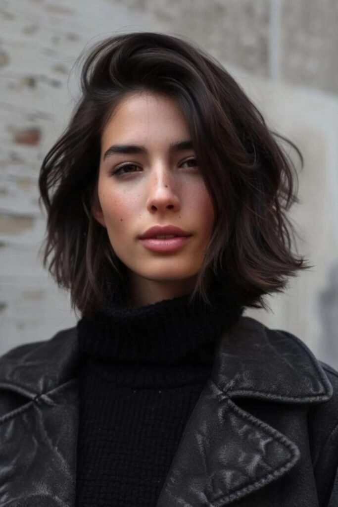 3. (Sleek Swept Bob with Volume at the Crown)