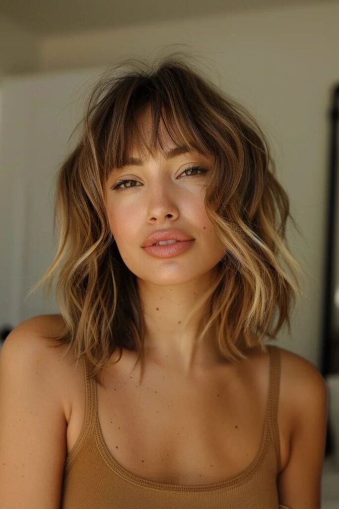 4. (Shaggy Long French Bob with Caramel Balayage)