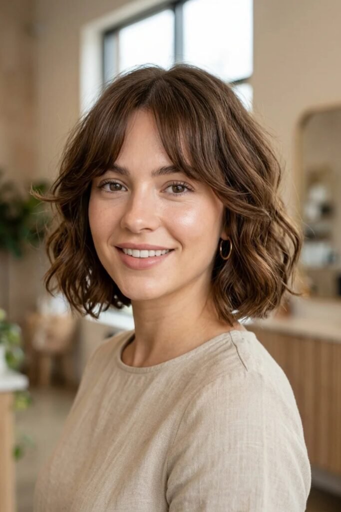 5. (Wavy Bob with Center Part Curtain Bangs)