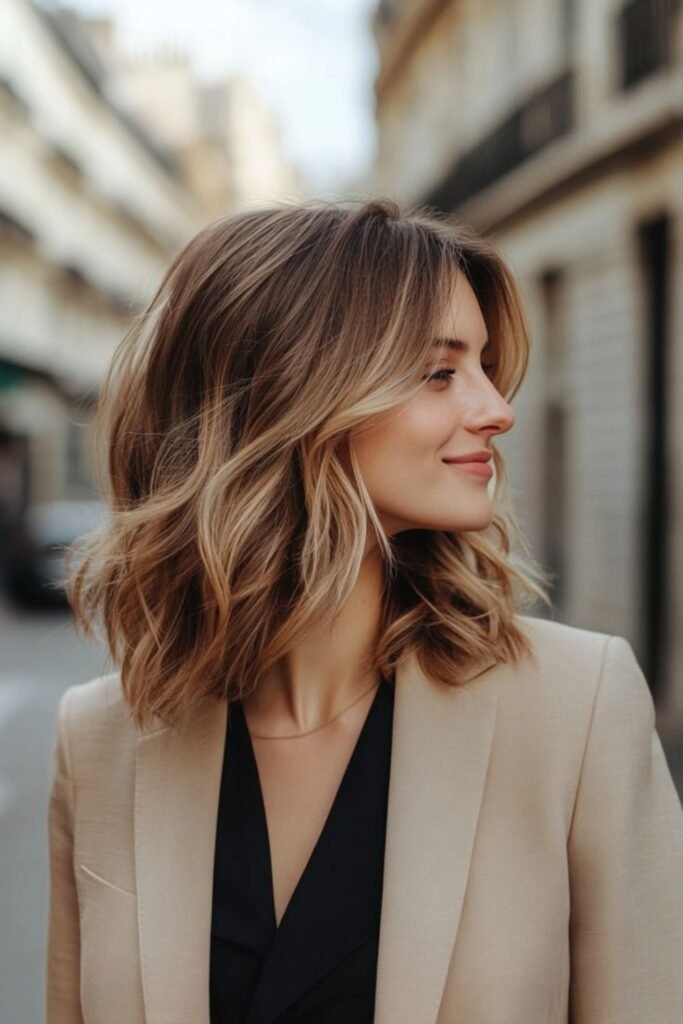 11. (Wavy Long French Bob with Honey Balayage)