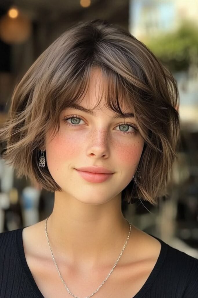 18. (Short Bob with Soft Wispy Bangs and Light Brown Waves)