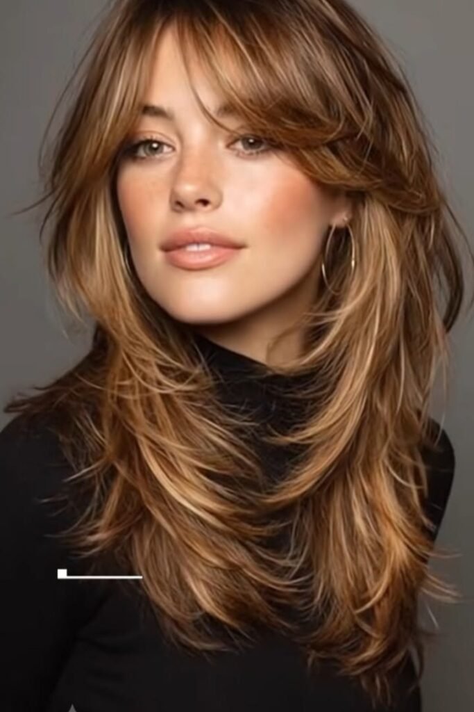 4. Caramel Shag Layers with Feathered Side Bangs