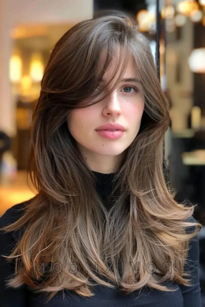 5. Ombre Layers with Long Swept Bangs
