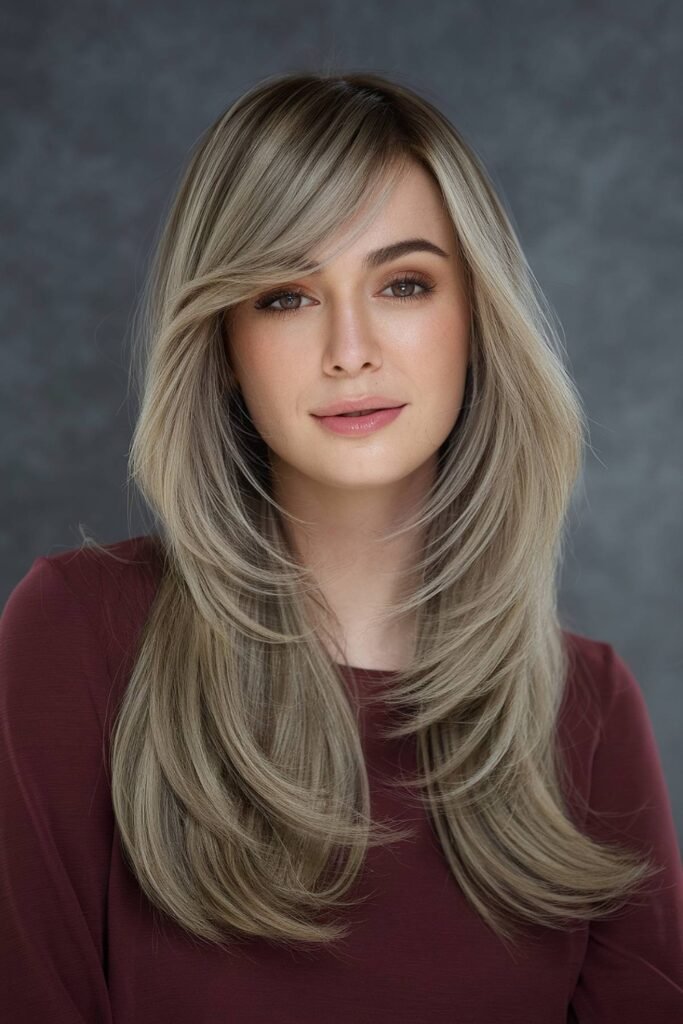 6. Ash Blonde Layers with Side-Swept Bangs