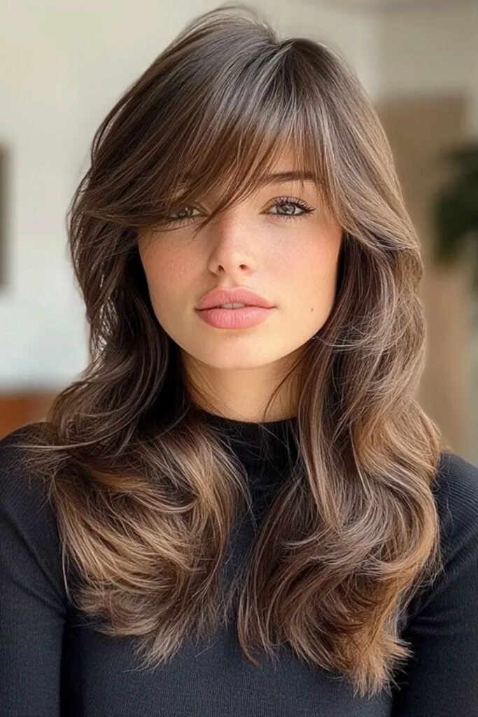 7. Bouncy Brunette Layers with Feathered Side Bangs