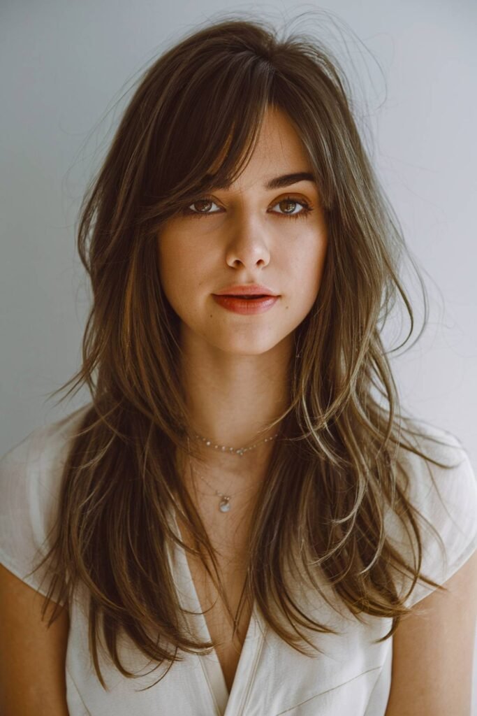 8. Undone Brunette Layers with Wispy Bangs