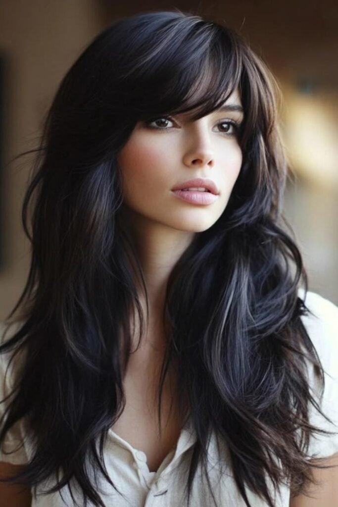 13. Jet Black Choppy Layers with Side Bangs