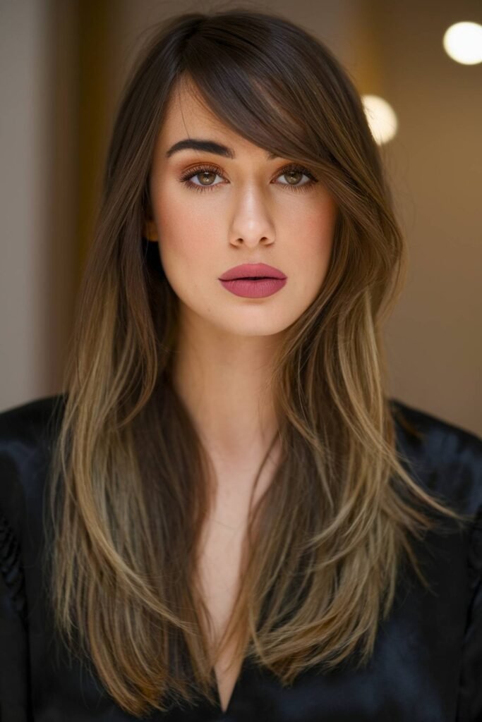 14. Brunette to Bronde Long Straight Layers