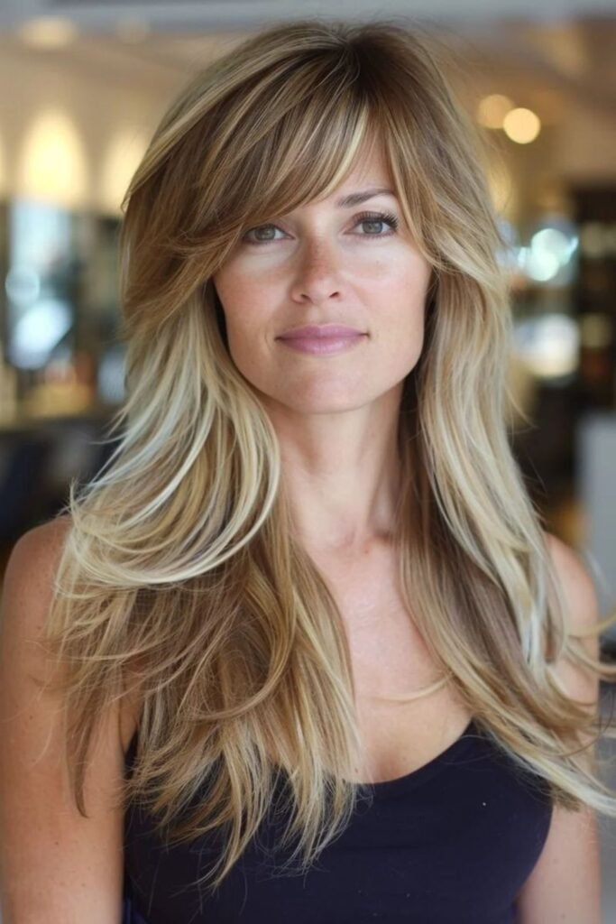 15. Blonde Balayage Layers with Feathered Bangs