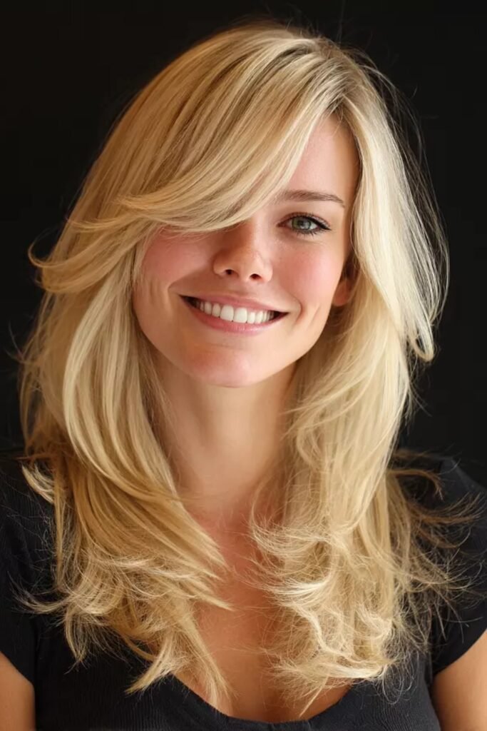 20. Bright Blonde Flicked Layers with Swoopy Bangs