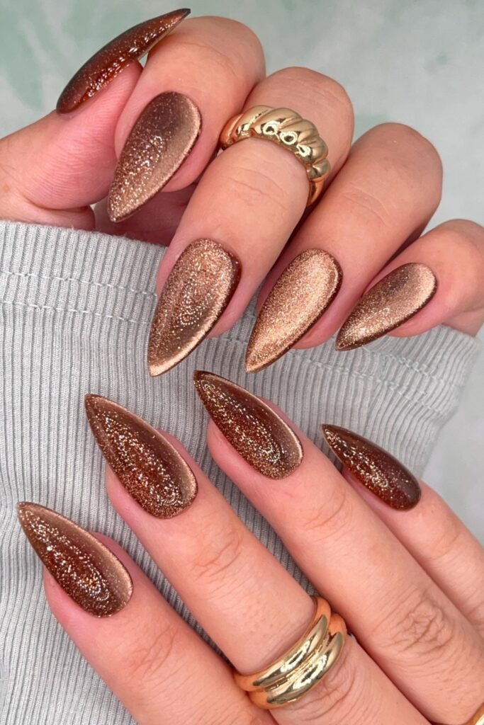 2. Copper Brown Cat-Eye Glitter Stilettos