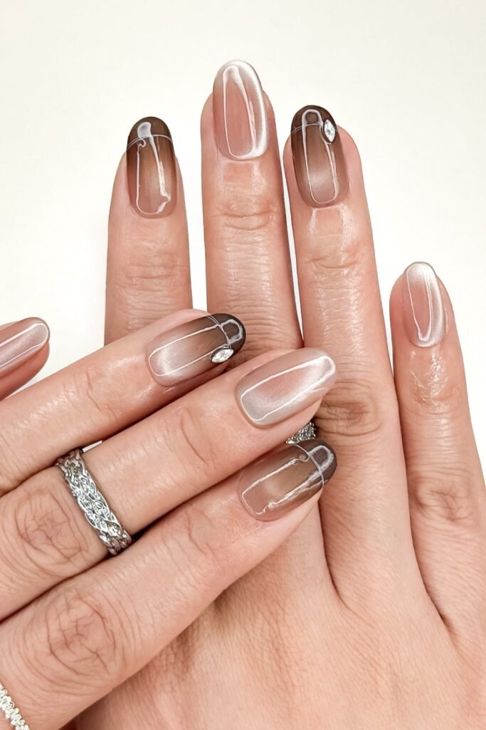 3. Espresso Ombre Velvet Nails with Silver Gems