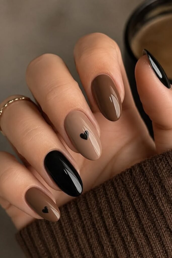 4. Mocha, Black and Tiny Heart Nails