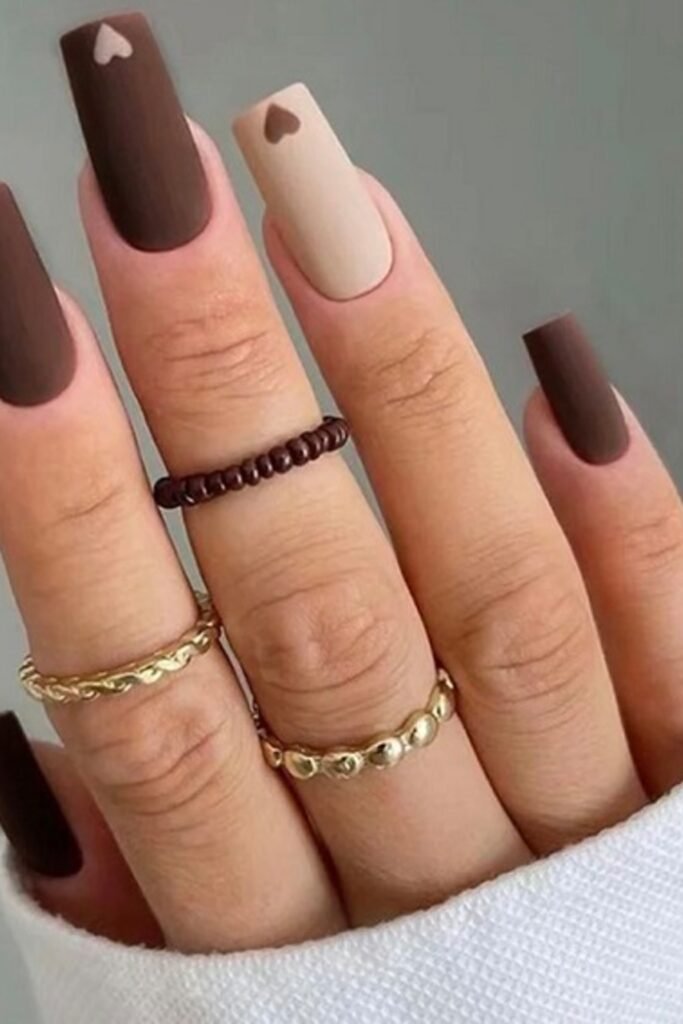 7. Matte Cocoa Square Nails with Cutout Hearts