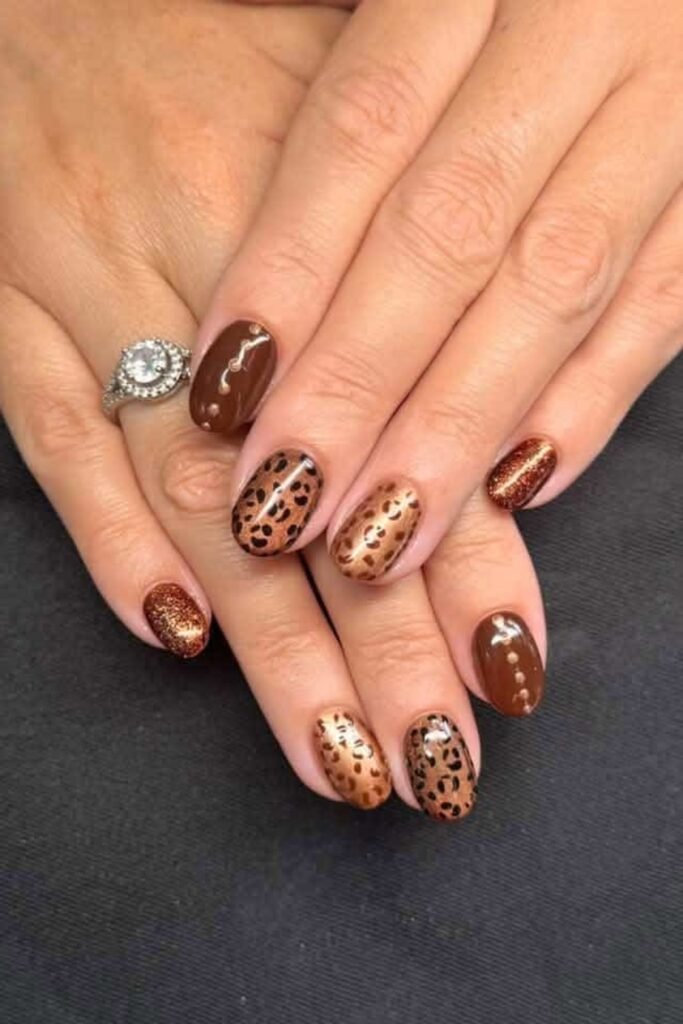 16. Golden Leopard Print Mocha Nails