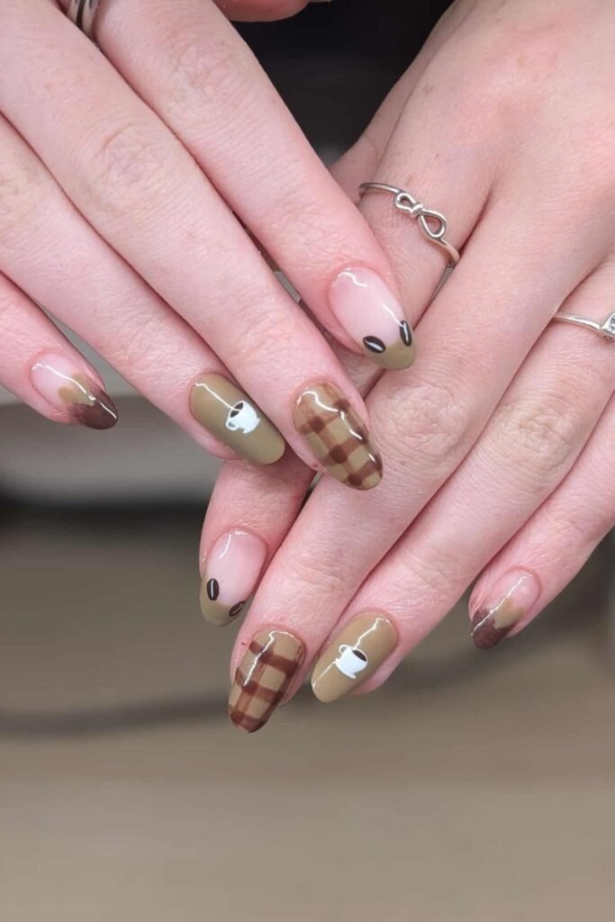 17. Coffee Cup and Plaid Nails