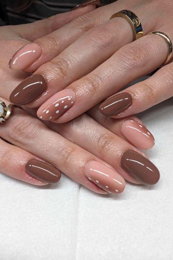 19. Caramel Brown and White Dot Nails