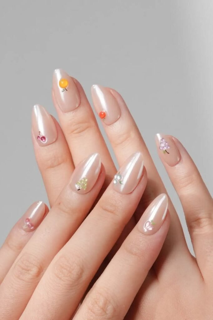 12. Pearly Nude Nails with Tiny Fruit Charms