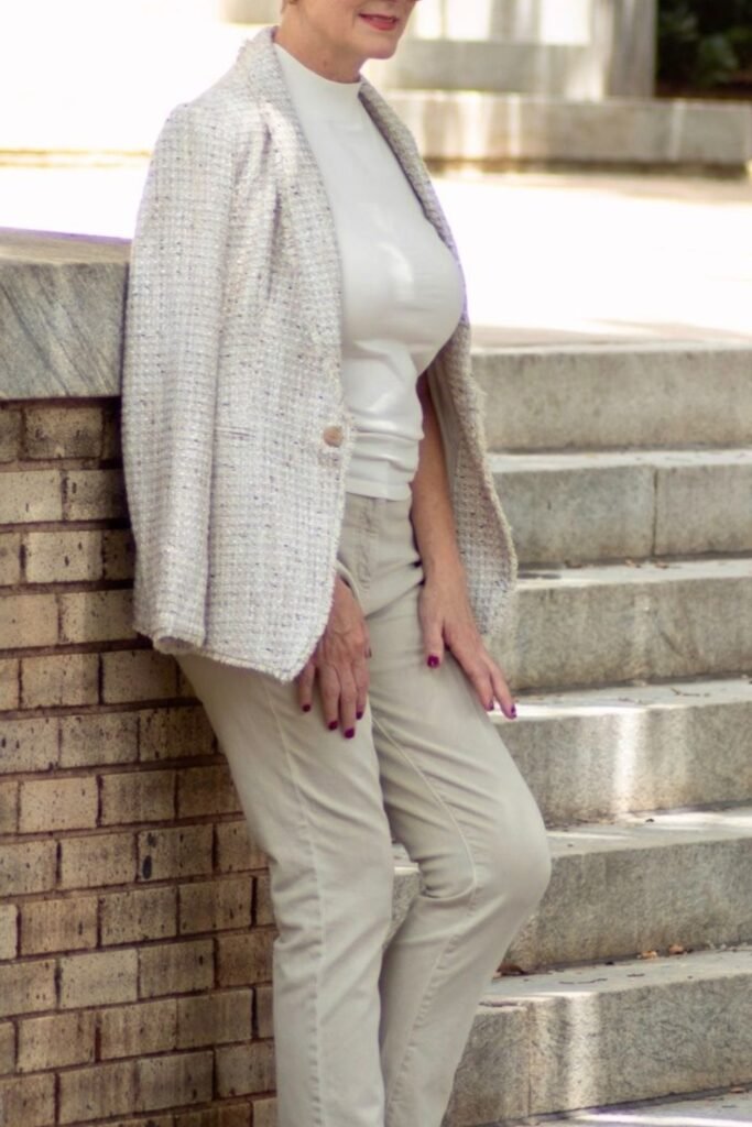 2. Tweed Blazer with White Mock Neck and Stone Trousers