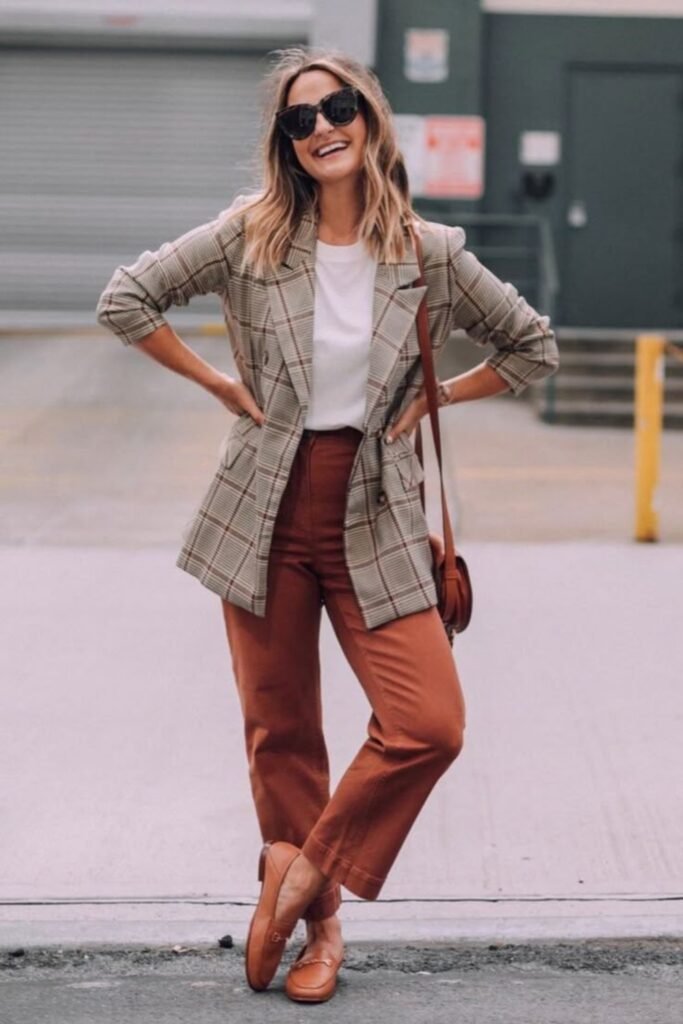 3. Plaid Blazer with White Tee and Rust Cropped Trousers