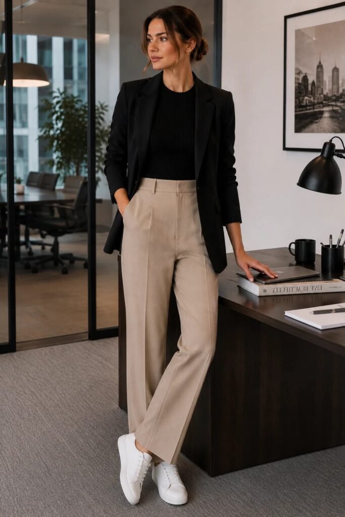 7. Black Blazer with Beige Trousers and White Sneakers
