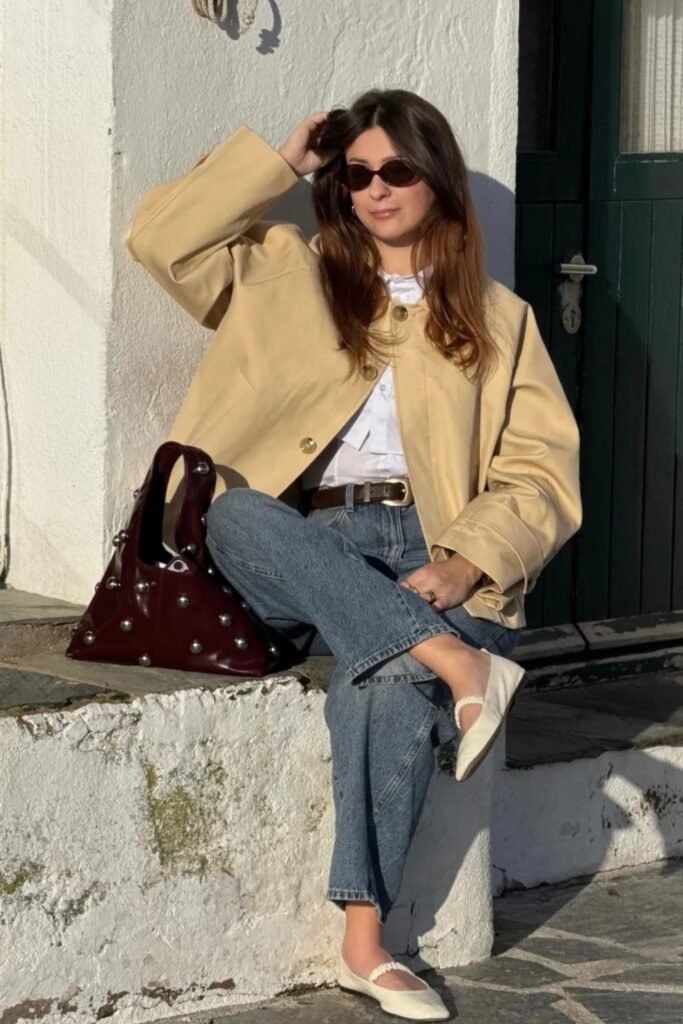 8. Cropped Beige Jacket with Ruffle Blouse, Jeans and Mary Janes