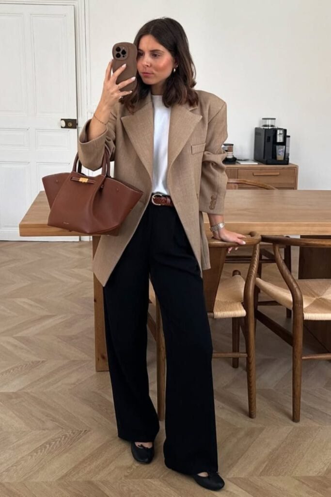 15. Oversized Taupe Blazer with White Tee and Black Wide Leg Trousers