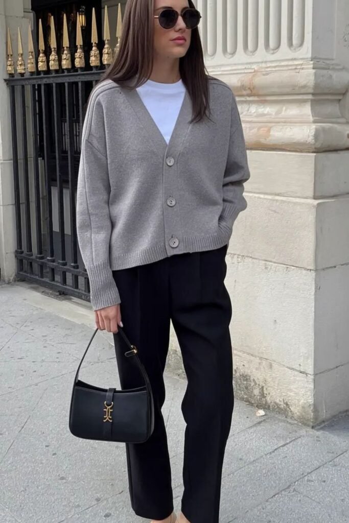 17. Gray Cardigan with White Tee and Black Pleated Trousers