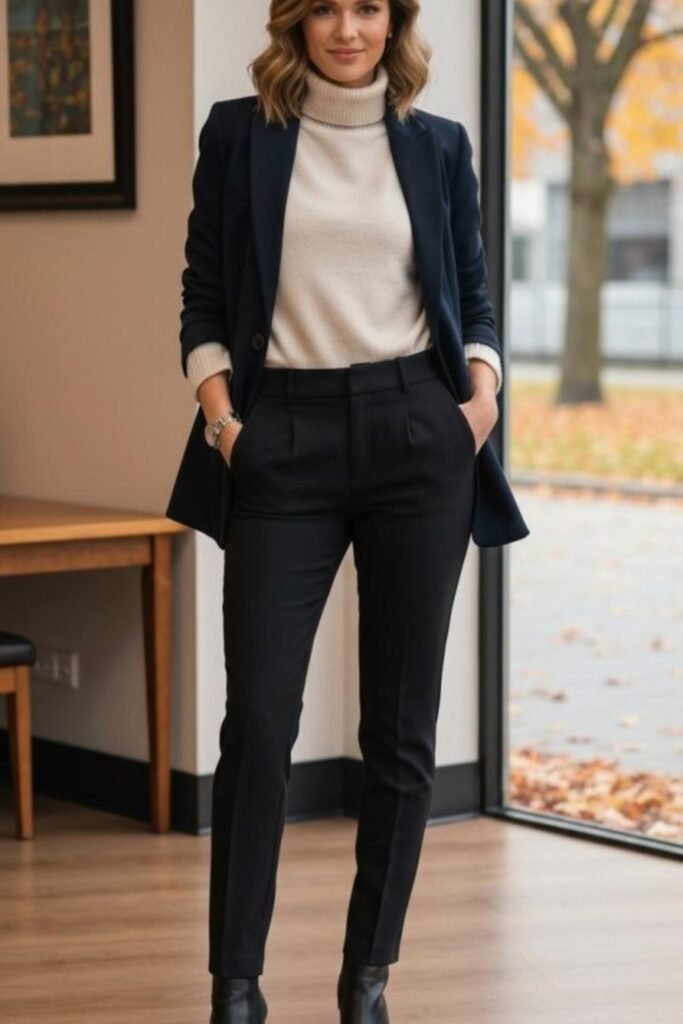 19. Navy Blazer with Cream Turtleneck and Black Ankle Boots