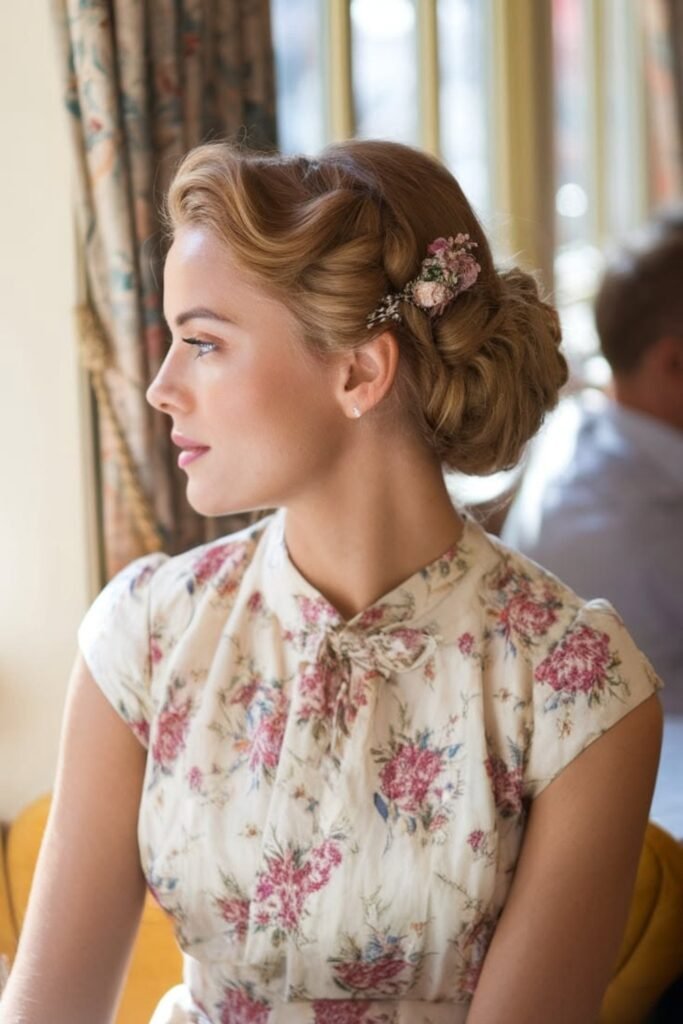1. Vintage Rolled Chignon with a Floral Clip