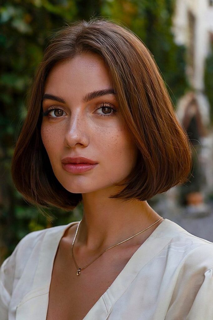 7. Glossy Chestnut Chin-Length Bob
