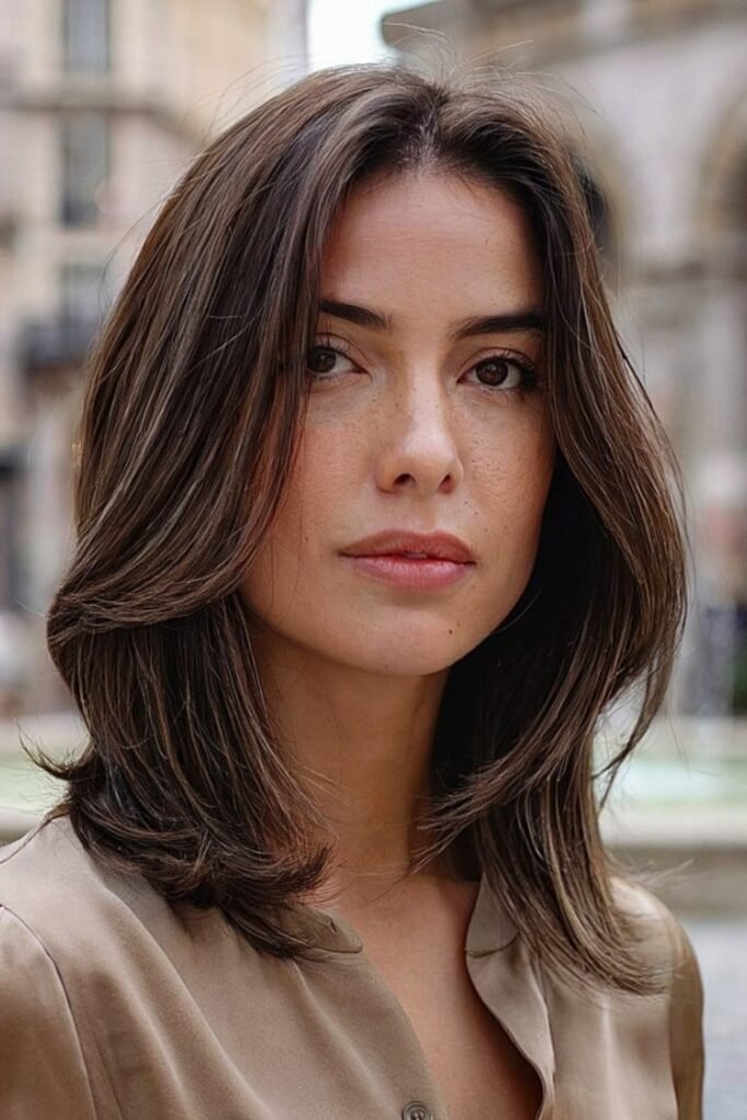 18. Layered Chestnut Lob with Flicked Ends